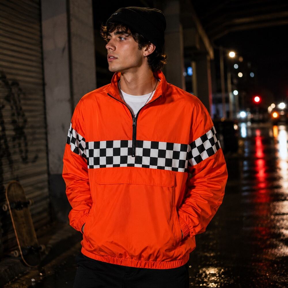 Forever 21 Men Neon Orange Checkerboard Windbreaker Jacket Medium Racing